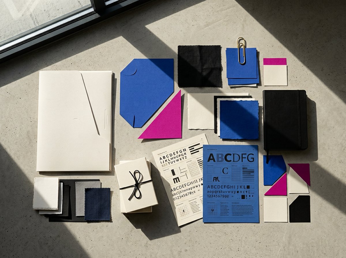 Illustrative Branding-Konzeptstudie mit Papier, Formen in Blau und Magenta