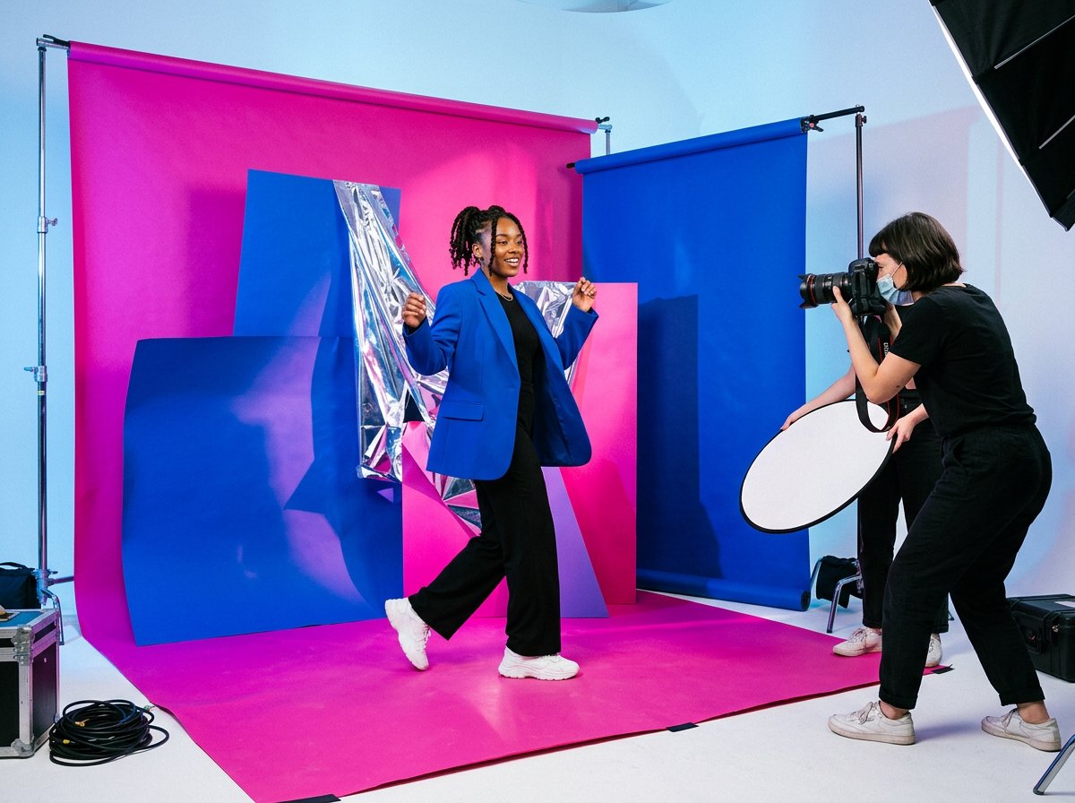 Illustratives Kampagnen-Shooting auf blau-magenta-farbenem Set