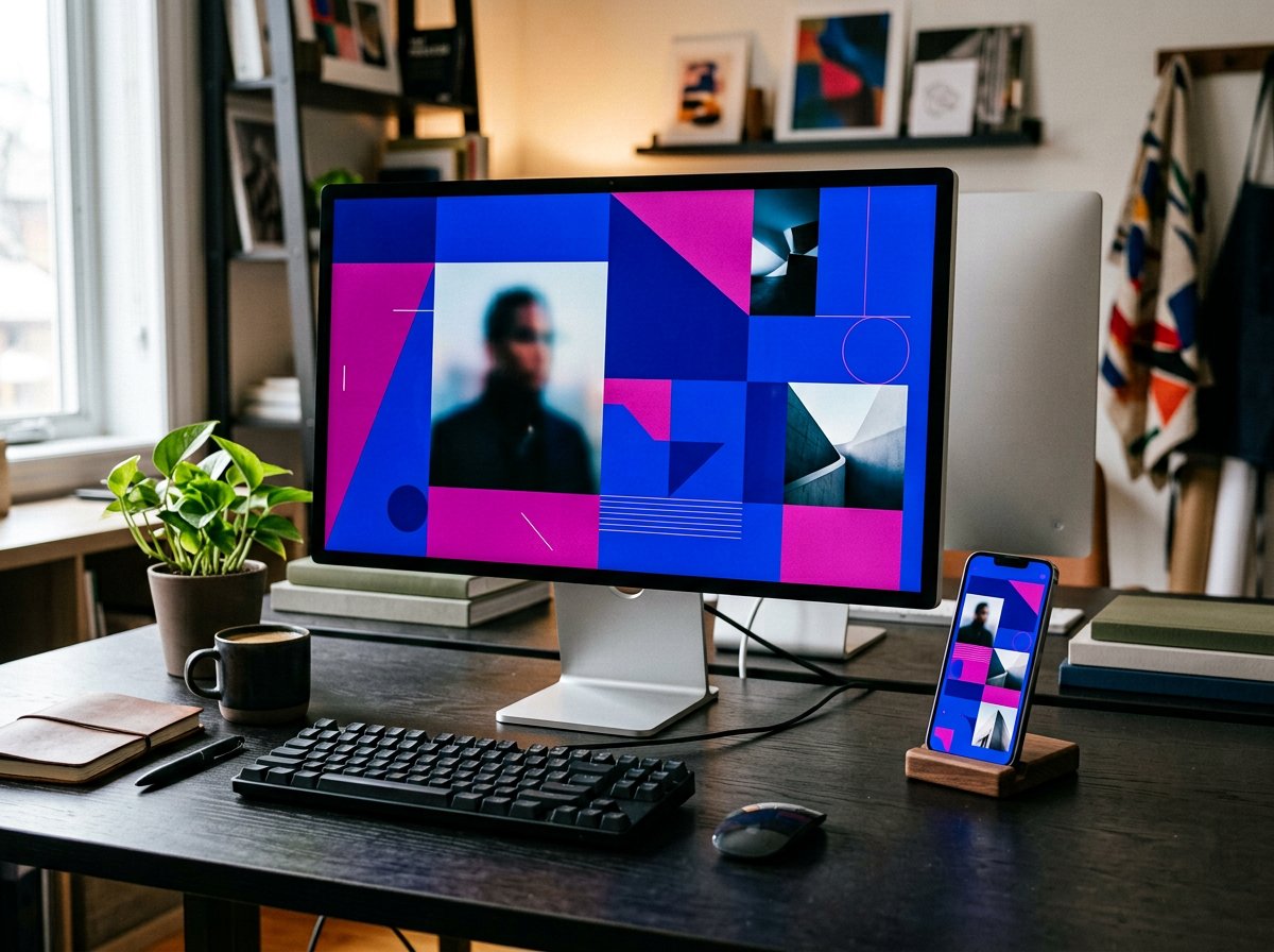 Konzeptmotiv einer Website auf Bildschirm und Smartphone im Kreativstudio